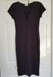 Embrace Los Angeles Midi Rib Knit Dress Mock Front Lacing Short Sleeves Gray SzL