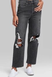 Highest Rise Straight Distressed Jeans Dark Grey Black 14