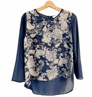 COLLECTIVE CONCEPTS Blouse Floral Top Blue Sheer 3/4 Sleeve Scoop Neck Medium