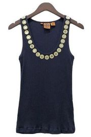 Tory Burch Navy Ribbed Embellished Tank Top L