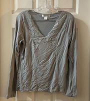 August Silk Grey Lace Accent Long Sleeve Top Small