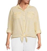 NWT Investment Woman Yellow & White Front Tie Roll Tab Sleeve Top