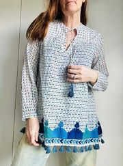 Roller Rabbit Tunic Top Printed Tassels Long Sleeve White Blue Size Medium Boho