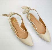 Houston Off White Nappa Leather Pointed-Toe Slingback Tie Back Bow Flats Sz 8