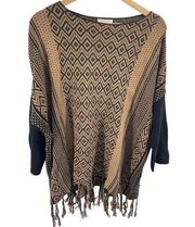 Westbound Womens Poncho Sweater Tassel Pullover Acrylic Blend Black Beige XL