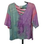 Fantastic Fawn Colorful Tie-Dye Cut Out V-Neck Oversized Top Womens Size M