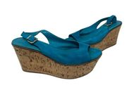 Gianvito Rossi turquoise Suede Cork Wedge Peep Toe Platform Slingback Sandals 10