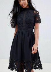 Chi chi London black lace crotchet mock neck dress