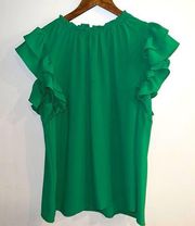 GLAM Women’s Green Ruffle Flutter Sleeve Flowy Blouse Size M