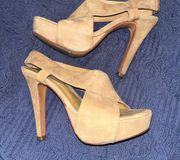 Diane Von Furstenberg tan taupe camel suede platform heels, size 6