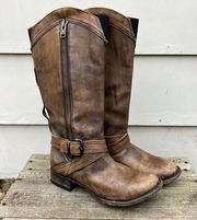 Stetson Brown Strappy Leather round toe side zip riding cowgirl western boots