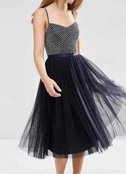 Needle & Thread Coppelia Ballet Beaded Cocktail Dress in Midnight, Size 6