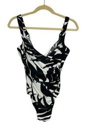 Miraclesuit Black & White Striped V Neck V Back Underwire One Piece Swimsuit