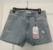 Blue Medium Wash Distressed Long Denim Jean Shorts NWT