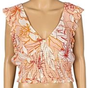 PATRONS OF PEACE coral and cream flutter sleeve cropped top. Size Medium. NWT