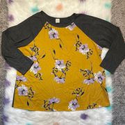 Kaileigh Womens 3X Yellow Grey Floral Print Pullover Crewneck Top Blouse Shirt