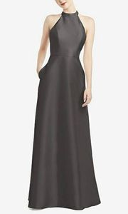 NWT  Caviar Gray High Neck Cut Out Satin Dress Size 2