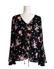 Planet Gold Black Pink Floral V-Neck Bell Sleeve Top Blouse Top Size 1X NEW