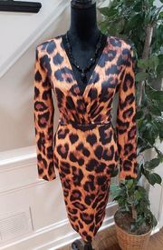 Chicme Brown Leopard Animal Print V-Neck Long Sleeve Knee Length Bodycon Dress M