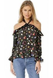 SHOSHANNA Black Floral Silk Bee Cold Shoulder Tiered Ruffle Blouse Top XS