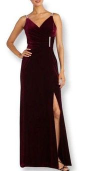 NWT Nightway Stretch Velvet V Neck Gown with Crystal Accents In Wine