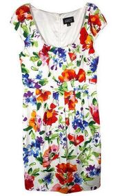 Adrianna Papell Size 8 Dress Floral White Blue Red Green Pleated Above Knee 719