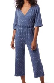 NWT Alternative Bay Blue Pin Dot Piper Cross Front Cropped Jumpsuit Size Small