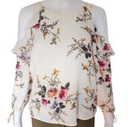 Staccato Stitch Fix White Floral Crepe Ruffle Cold Shoulder Blouse Size Small