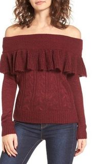 knit off shoulders ruffle maroon acrylic sweater women’s Size Small