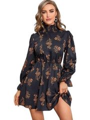 NEW Floerns Mock Neck Long Sleeve Floral Print Ruffle Mini Dress L