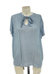 Amour Vert Light Blue Tie Neck Short Sleeve Cupro Blouse Blue Size Small