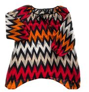 Zac & Rachel Shirt Womens Small Orange White Chevron Puff Sleeve Sheer Top Poly