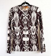 Tory Burch Blouse Brown & Cream Scarab Print Long Sleeve Silk Top Sz M GUC