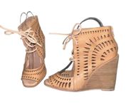 Jeffrey Campbell Rodillo Cutout Tan Nude Leather Open Toe Wedges ~Woman Size 7