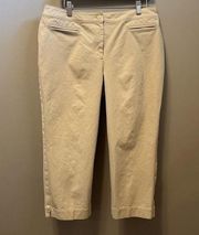 ST JOHN Size 10 Cropped Pants Tan Stretch Front Zip‎ Pockets Straight