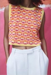 Zara Floral Jacquard Knit Sweater Vest Yellow Pink Orange Medium