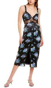 WeWoreWhat Floral Print Satin Slip Midi Dress in Black Blue Multicolor Size L