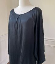 Matte Satin Drop Sleeve Wide Neck Shift Dress Black L