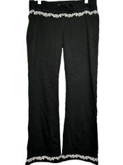 Lucky Brand Knit Wear Wide Leg Pant Floral Embroidered Hem Elastic Waist Black S