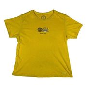 Life is Good Womens L Relaxed Fit Shirt Yellow Short Sleeve Game On Crew Neck