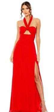 NWT Mac Duggal Ruched Halter Strap Keyhole Chiffon Gown 55898 Red 2