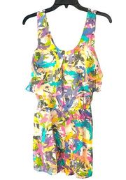 R•89 Line & Dot Ruffle Sleeveless 100% Silk Watercolor Romper NWOT size Small