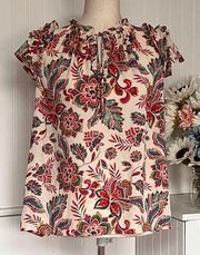 Rose Olive Boho Floral Peasant Blouse Short Ruffle Sleeves