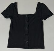 Ribbed Square-Neck Button-Down Short Sleeve Tee T-Shirt Top Blouse XS 🖤