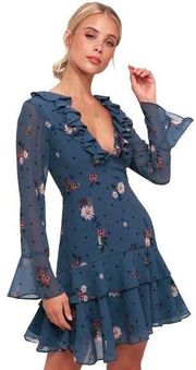 Keepsake Run Free Floral Print Ruffled Mini Dress Blue Long Sleeve Size XS New