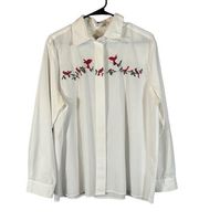 Orvis White Northern Cardinal Bird Floral Button Down Shirt Women Sz 18 VTG