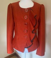 Lucy & Co Rust Orange-Red Fitted Blazer w/ Button and Ruffle Details Size Small