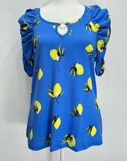 NEW Adrienne Vittadini Cobalt Blue Lemon Shirt Short Raglan Sleeves Keyhole Neck