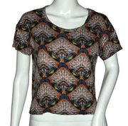 Lush Cropped Top Blue Red Geometric Pattern Short Sleeve Crew Neck