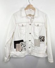 LOGO Lori Goldstein White Denim Patchwork Button Front Jacket Women's Size 10